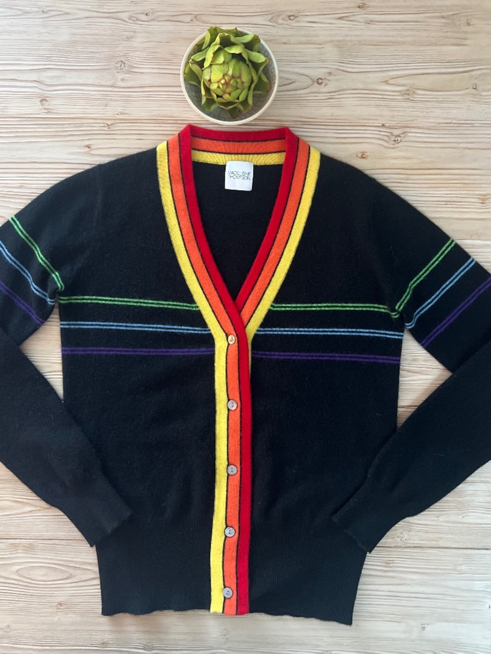 Madeline Thompson Cashmere Cardigan Black Rainbow Stripe Medium